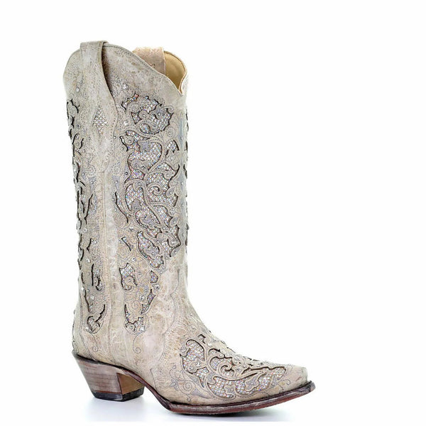 Women's Corral White Glitter Inlay and Crystal Boots