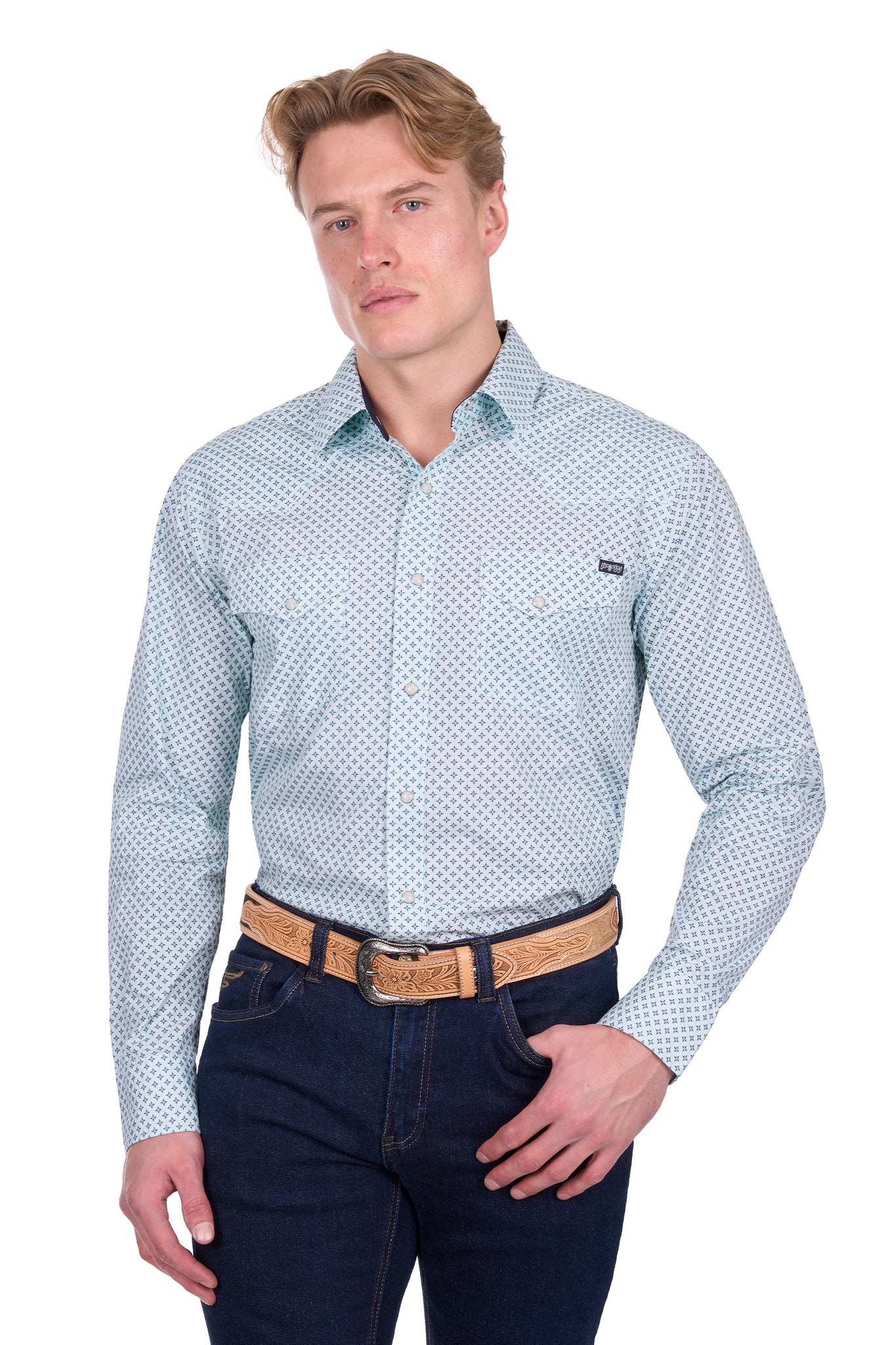 Pure Western Men's Gerald Green & Navy Shirt