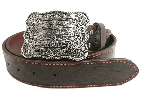 Pilbara Western Rodeo Buckle Tooled Leather Belt - Dark Brown