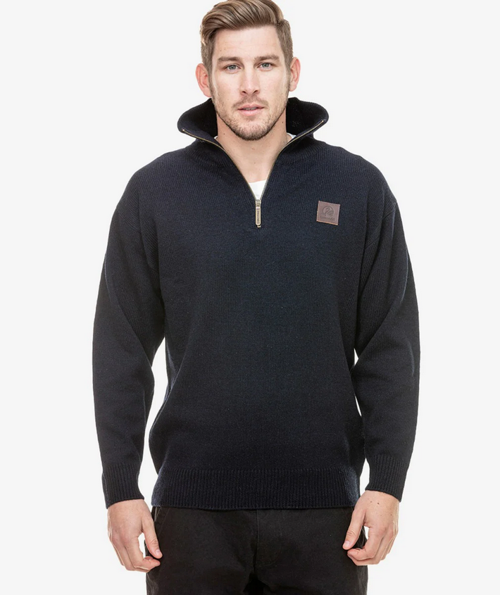 Men's Swanndri Mariner Wool Zip Neck Sweater- Navy