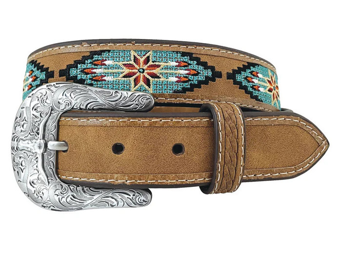 Boy's Manmade Leather Brown Belt - Aztec Flowers and Arrows