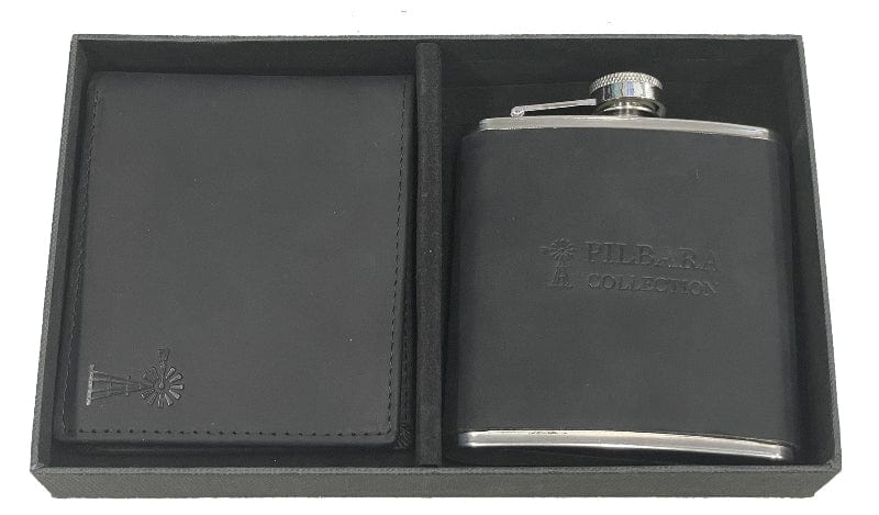 Pilbara Gift Set Leather Wallet & Hip Flask